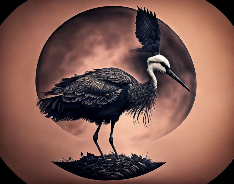 Stylized heron with wings extended on circular backdrop