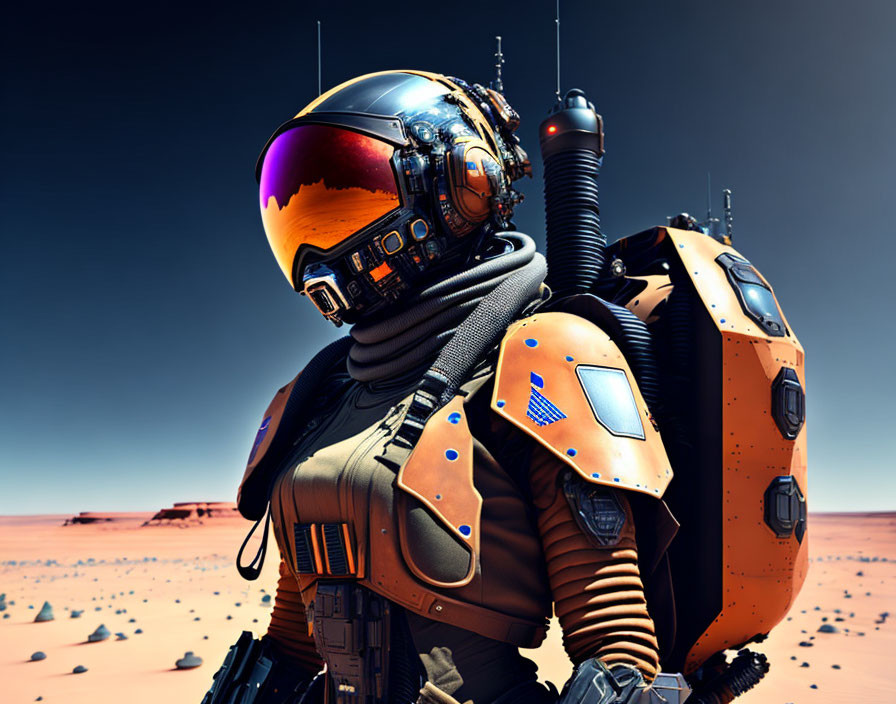 Astronaut in reflective helmet and orange suit on Mars-like landscape