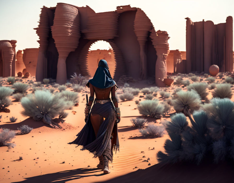 Person in Blue Cloak Riding Horse in Desert with Unique Rock Formations and Vegetation under Hazy