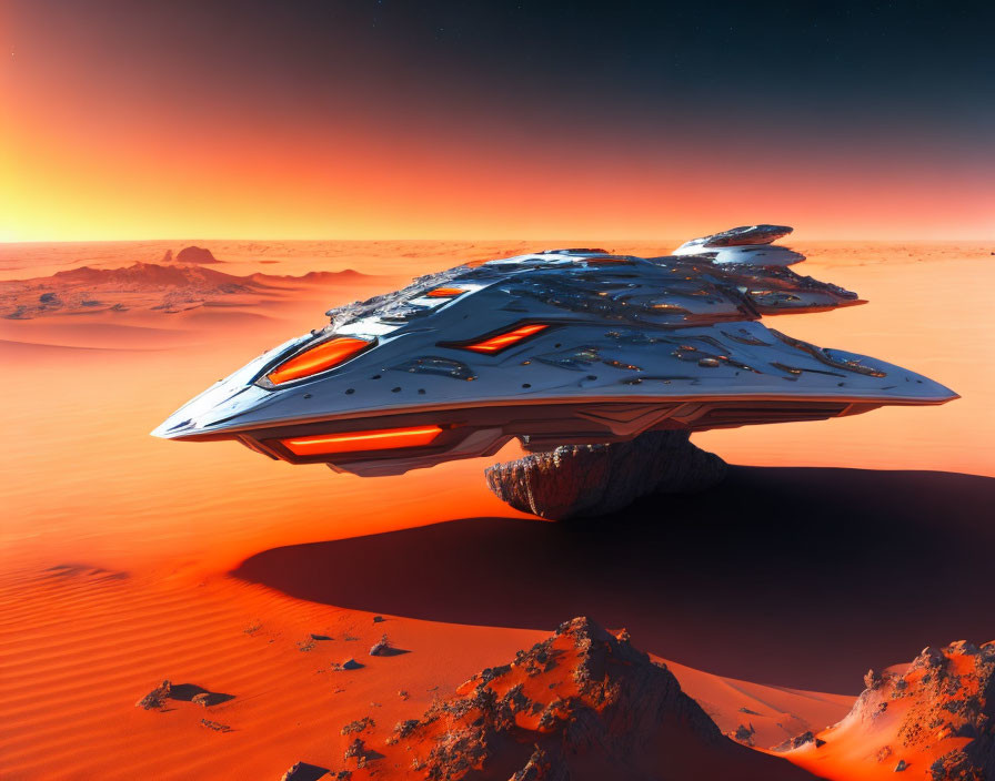 Futuristic spaceship above rocky, alien landscape with orange sky