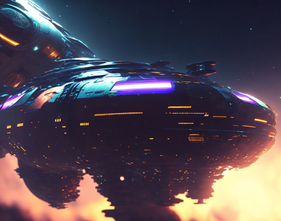 Futuristic spaceship with purple and blue lights in cosmos