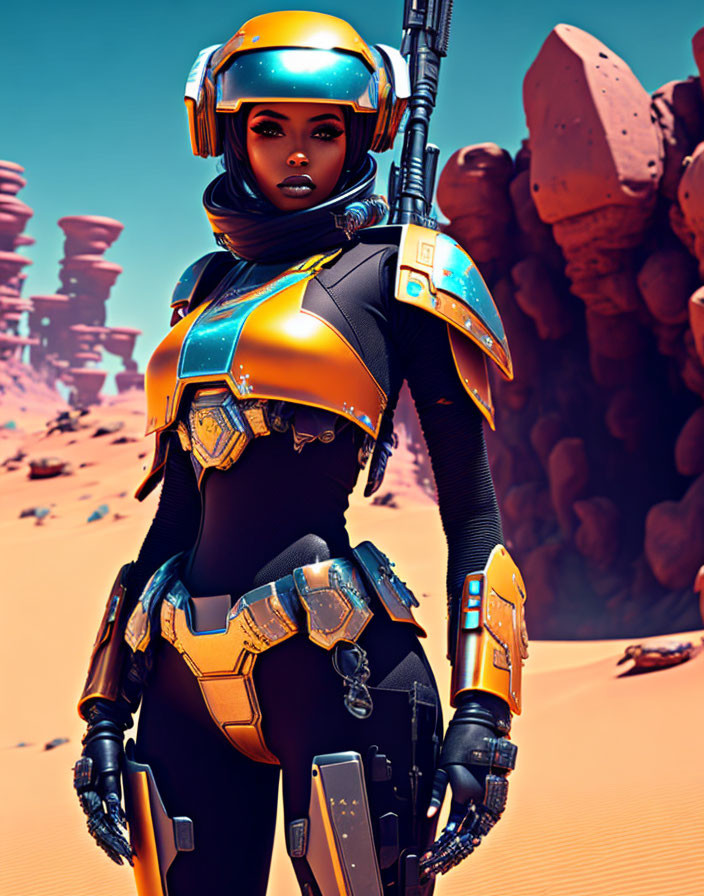 Female warrior in orange and blue armor on alien desert landscape