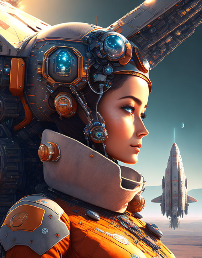 Futuristic woman in orange spacesuit with elaborate helmet against spaceship backdrop