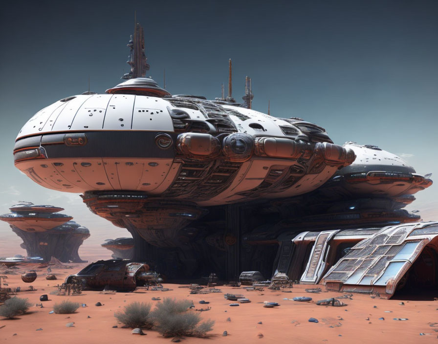 Futuristic spaceship with dome structure landed in desert terrain