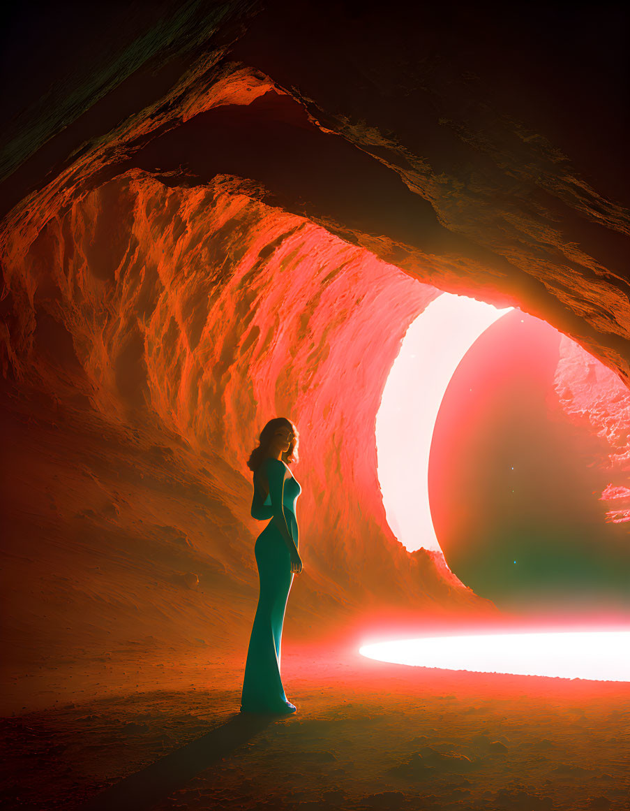 Silhouette of Person in Cave with Red Light Glow