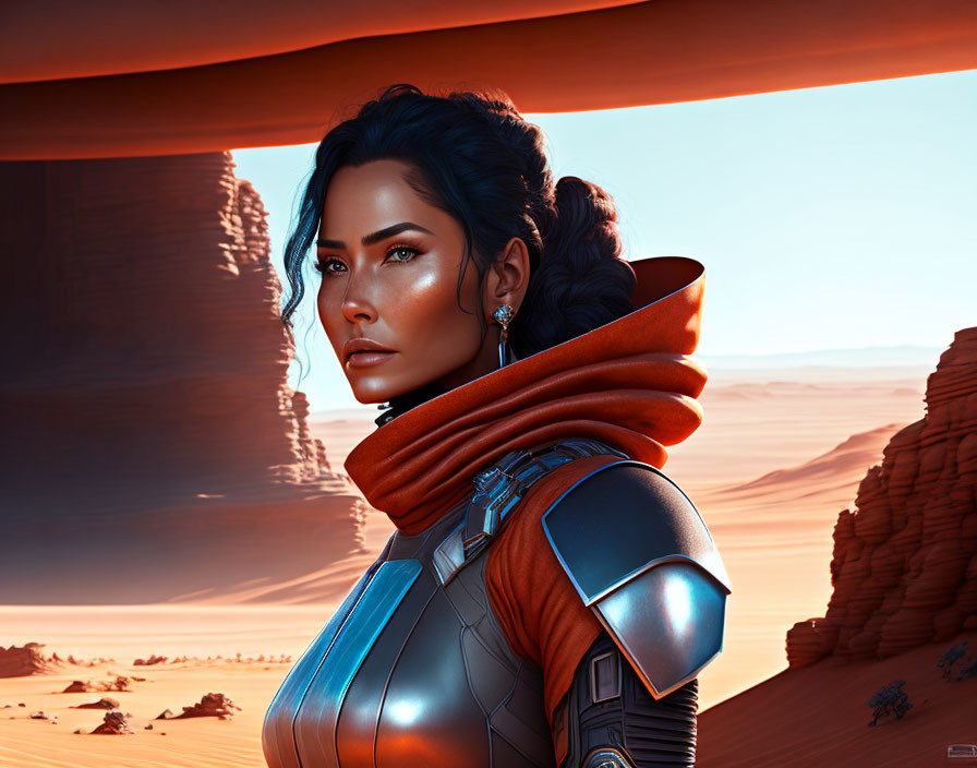 Futuristic woman in desert with rock formations