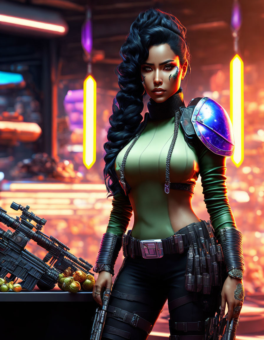 Futuristic warrior woman with dark hair in neon-lit setting holding helmet and weapons