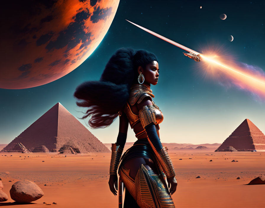 Futuristic warrior woman in alien desert with pyramids, moon, shooting stars, and comet