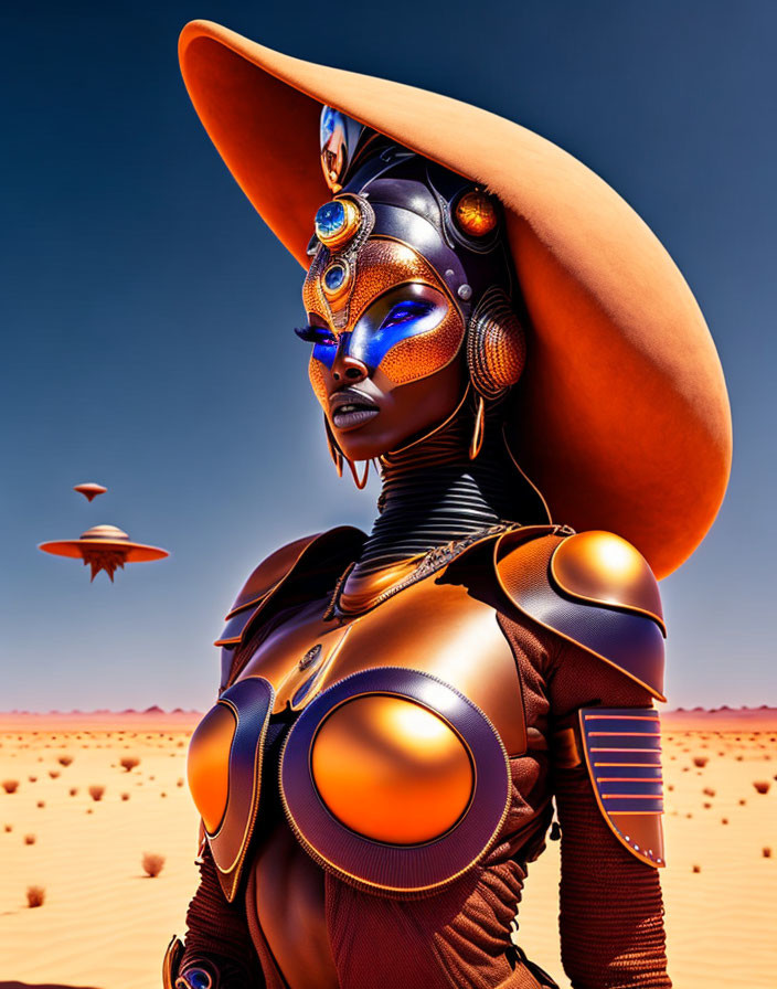 Blue-skinned woman in ornate orange armor in futuristic desert with flying saucers.