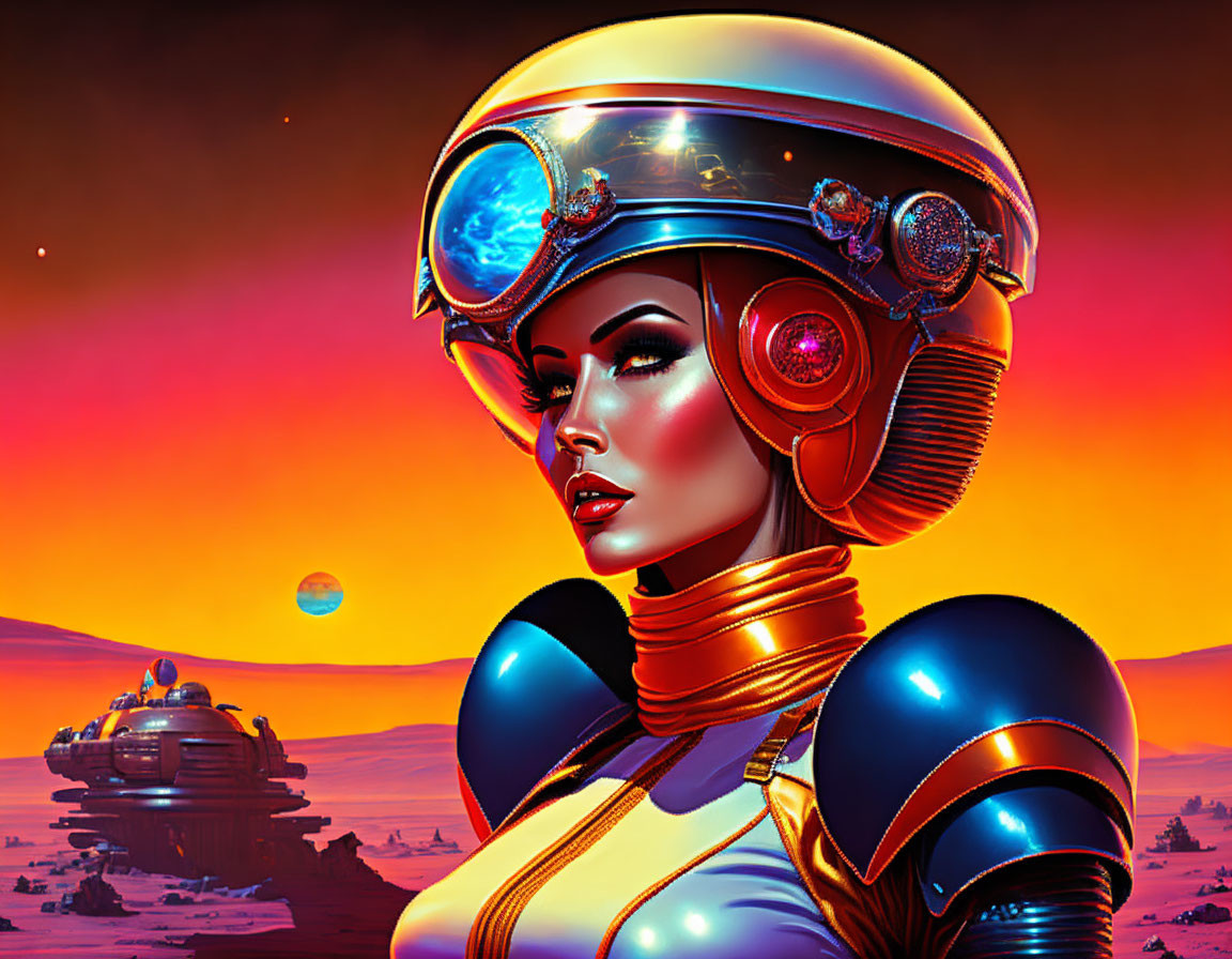 Futuristic woman in glossy space helmet and suit on Martian landscape with hovering vehicle.