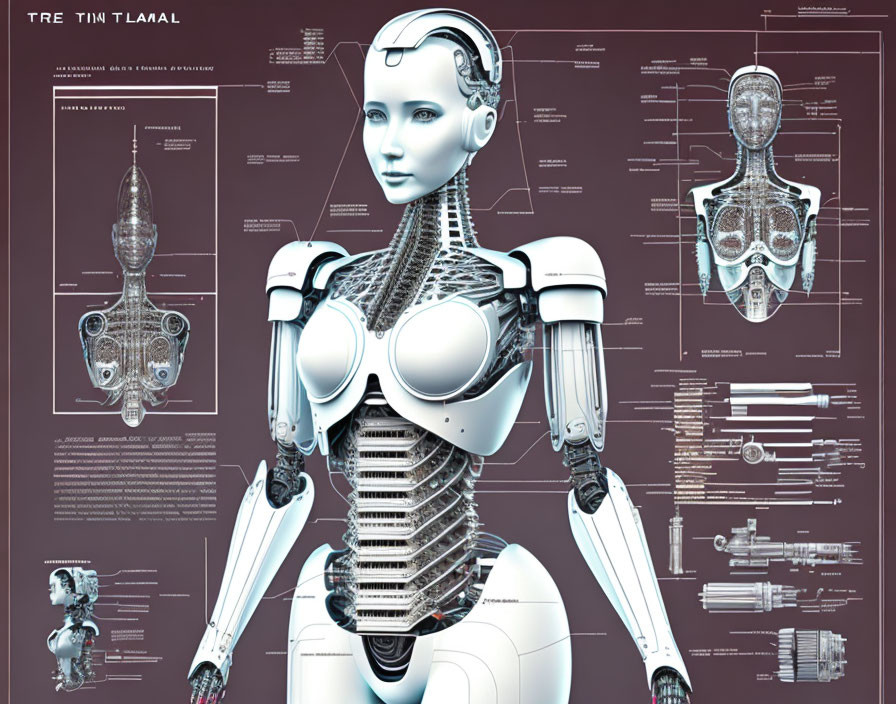 Futuristic Female Robot with Exposed Mechanical Details and Schematics