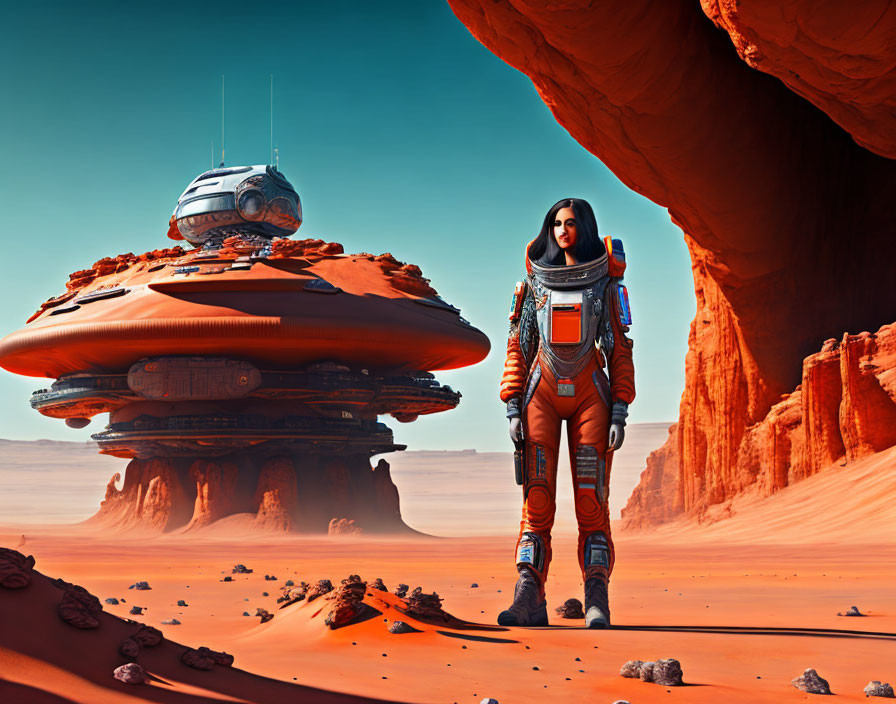 Astronaut in spacesuit on red alien planet with rock formations and spacecraft.