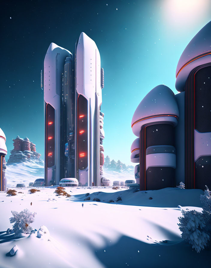 Futuristic buildings with red lights in snowy landscape