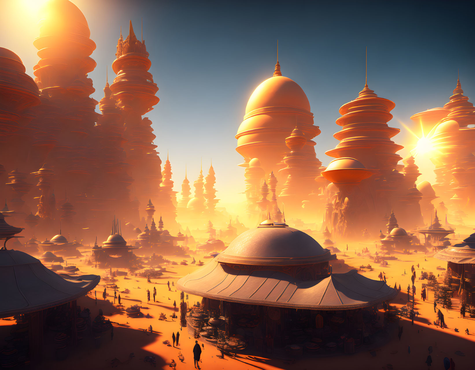 Futuristic desert city with towering spire-like buildings at sunset