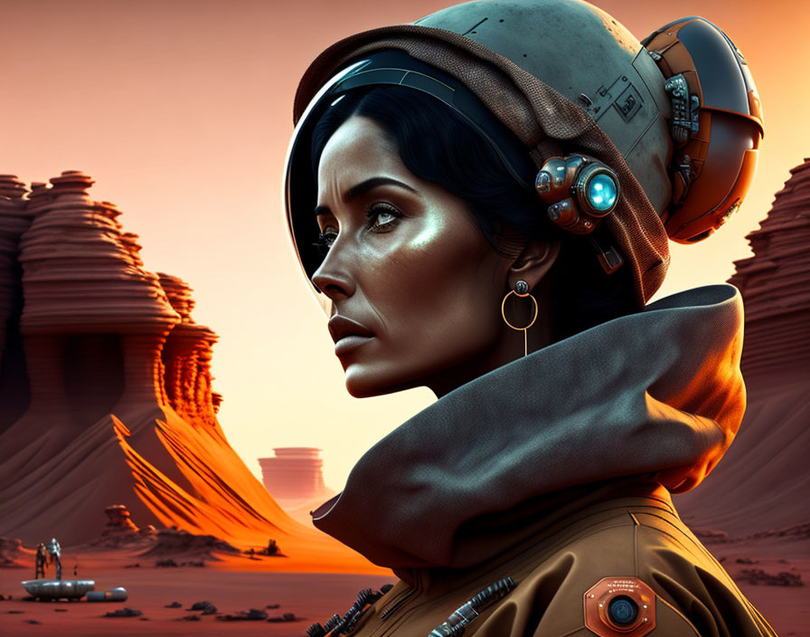 Female pilot in futuristic helmet gazing at desert landscape