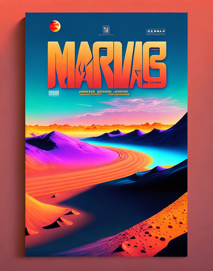 Colorful Martian landscape poster with "MARVE" title and red planet in sky