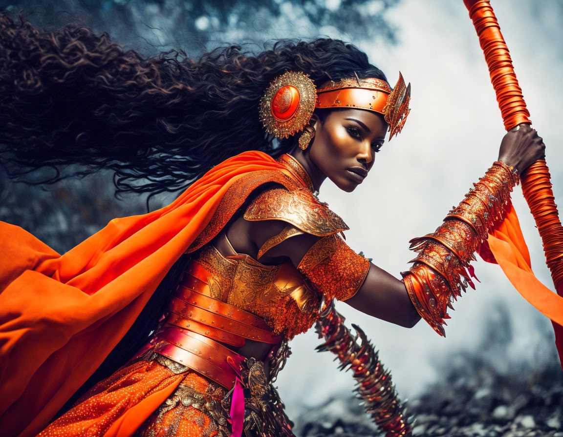 Figure in ornate orange armor with longbow and flowing hair against moody sky