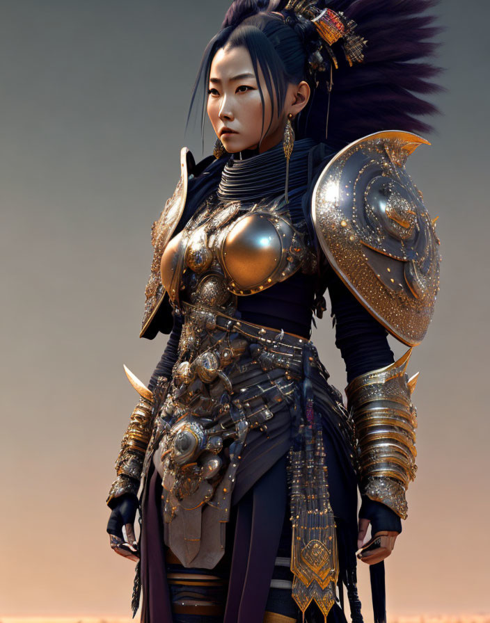 Stoic warrior woman in golden armor with sword on soft-lit background