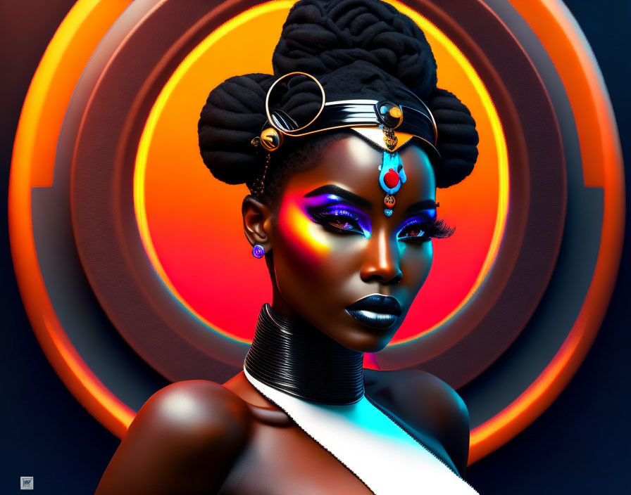 Futuristic digital artwork of woman with stylized makeup and hair