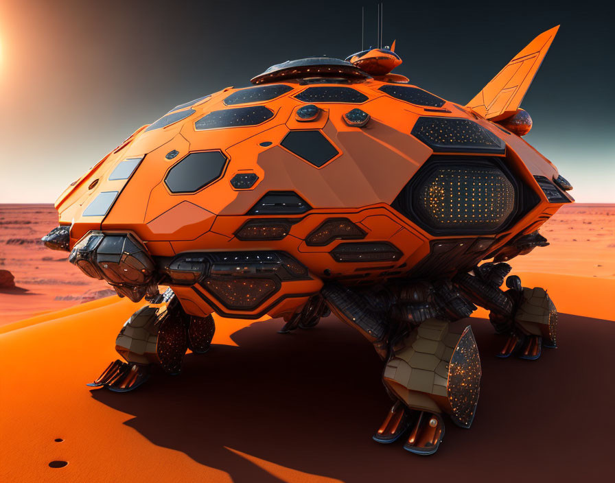 Futuristic orange six-legged robot on desert terrain