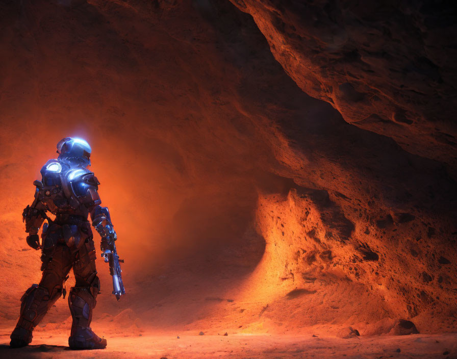 Futuristic astronaut explores dimly lit Martian cave