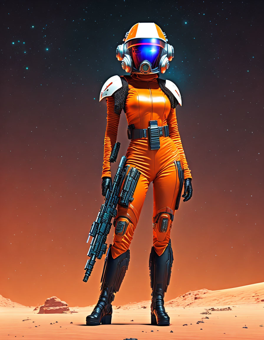 Futuristic astronaut in orange spacesuit on Mars-like planet