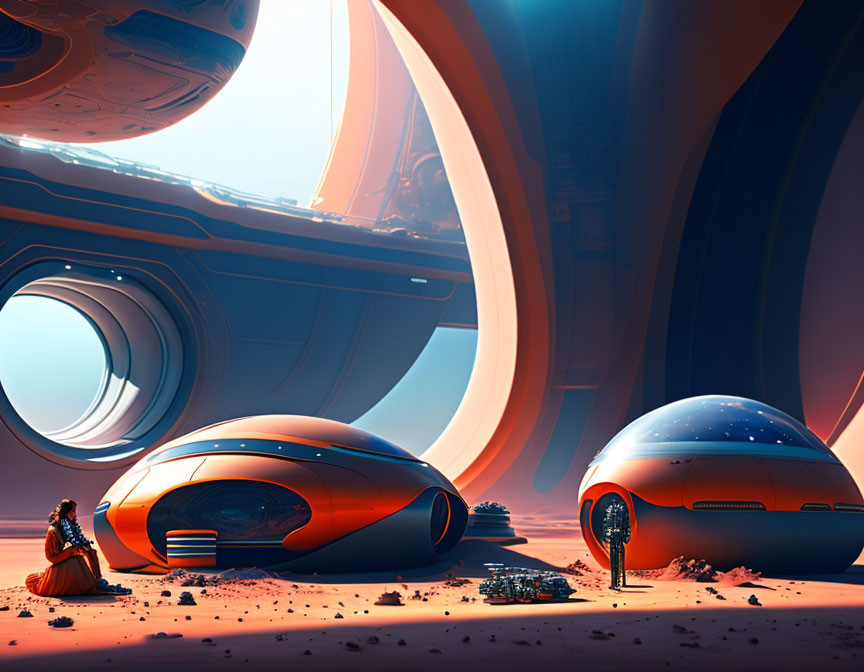 Person in dress near futuristic pods on desert terrain with colossal structures