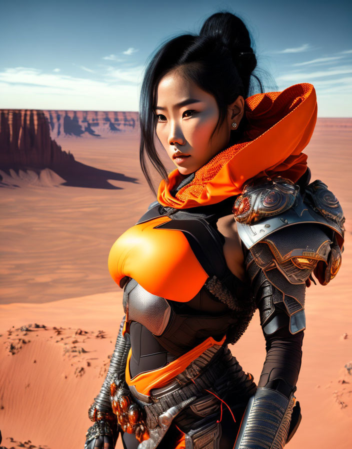 Futuristic female warrior in orange and black armor on desert cliff backdrop