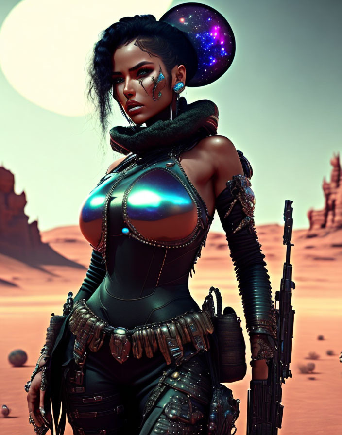 Futuristic female warrior in cosmic-themed armor under desert sky