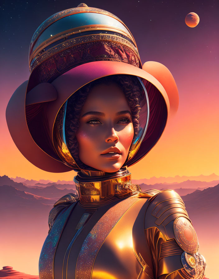 Futuristic woman in ornate helmet and suit on alien desert landscape