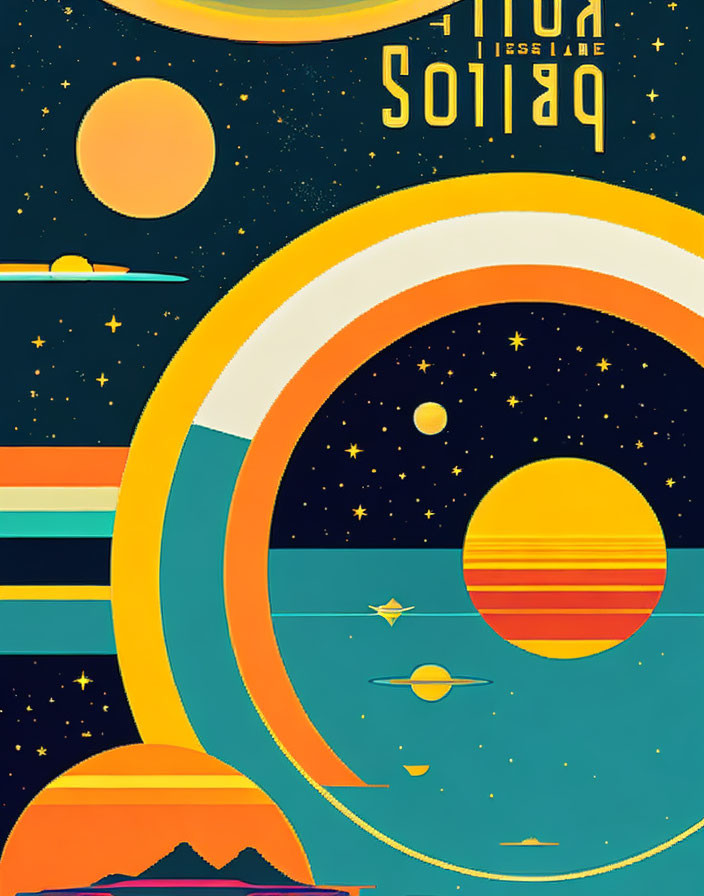 Colorful Retro Space Poster with Celestial Bodies, Stars, Rings, and Mountain Silhouette