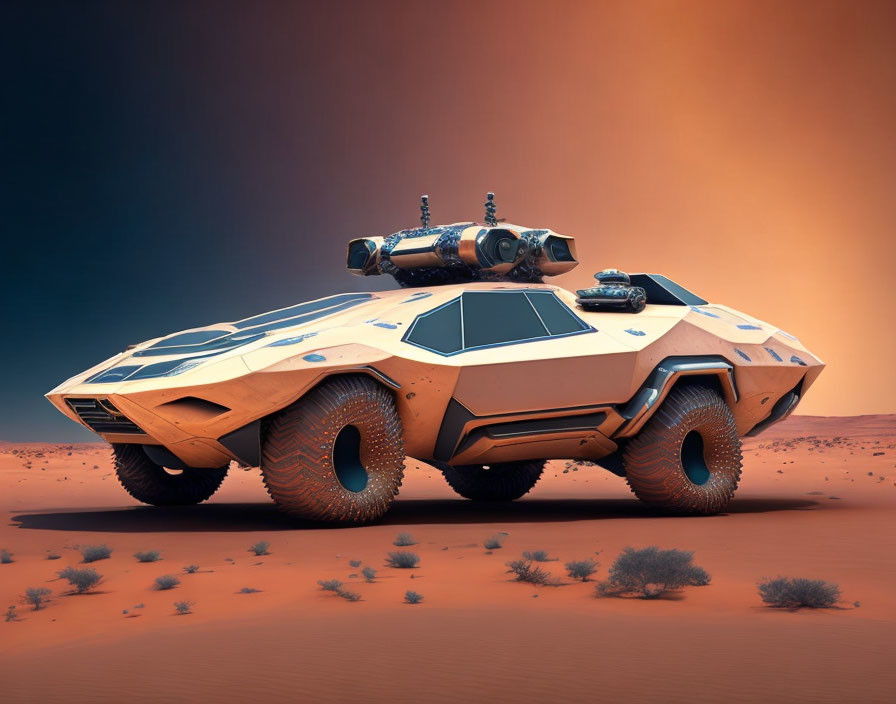 Futuristic six-wheeled rover on alien desert terrain