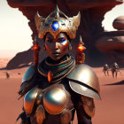 Futuristic armored person in desert with red sand and rock formations