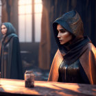 Armored figures in dimly lit hall: one with helmet and cloak, other blurred.