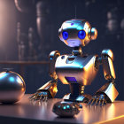 Futuristic humanoid robot with coffee pot and cookies in dimly lit room
