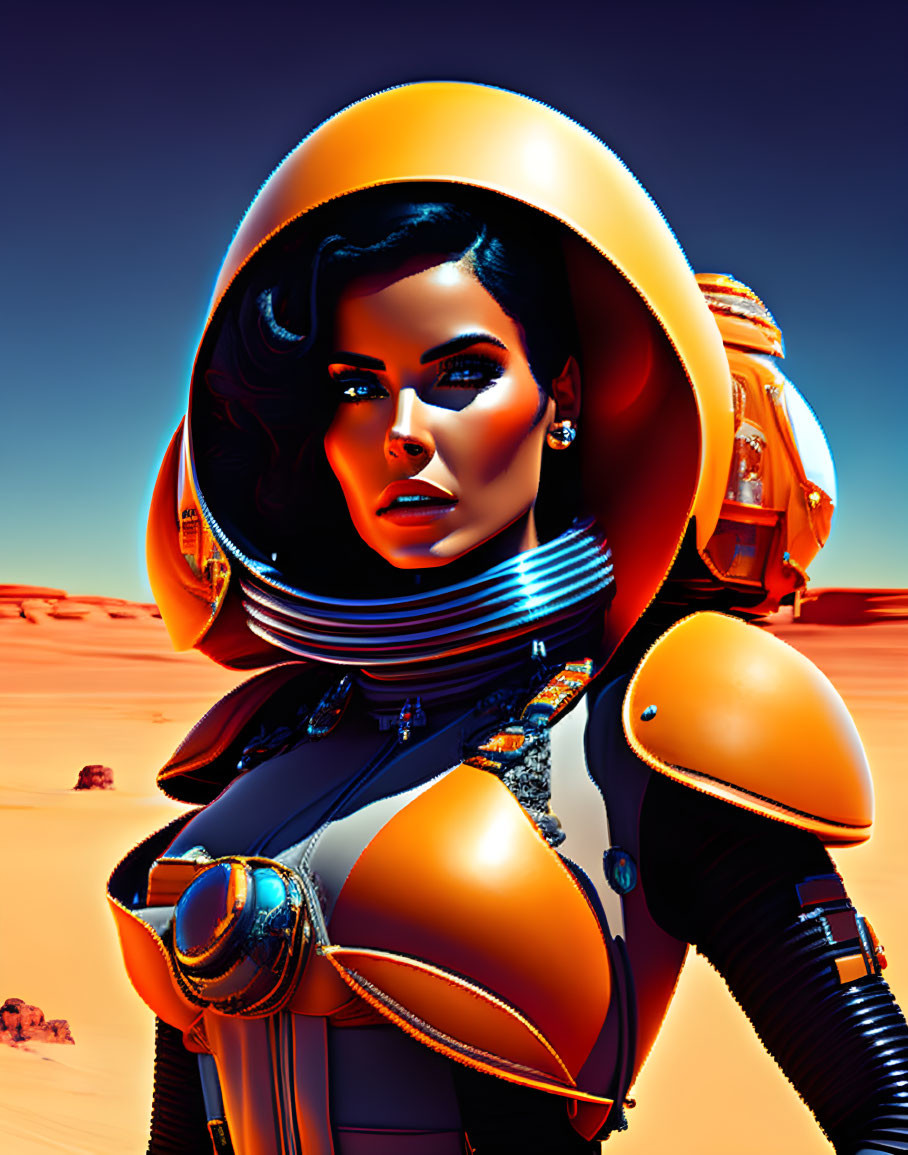 Futuristic digital artwork: Woman in orange spacesuit on Martian landscape