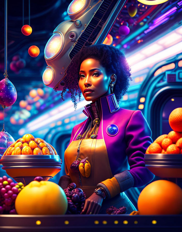 Futuristic woman in purple outfit with fruits in neon-lit sci-fi setting