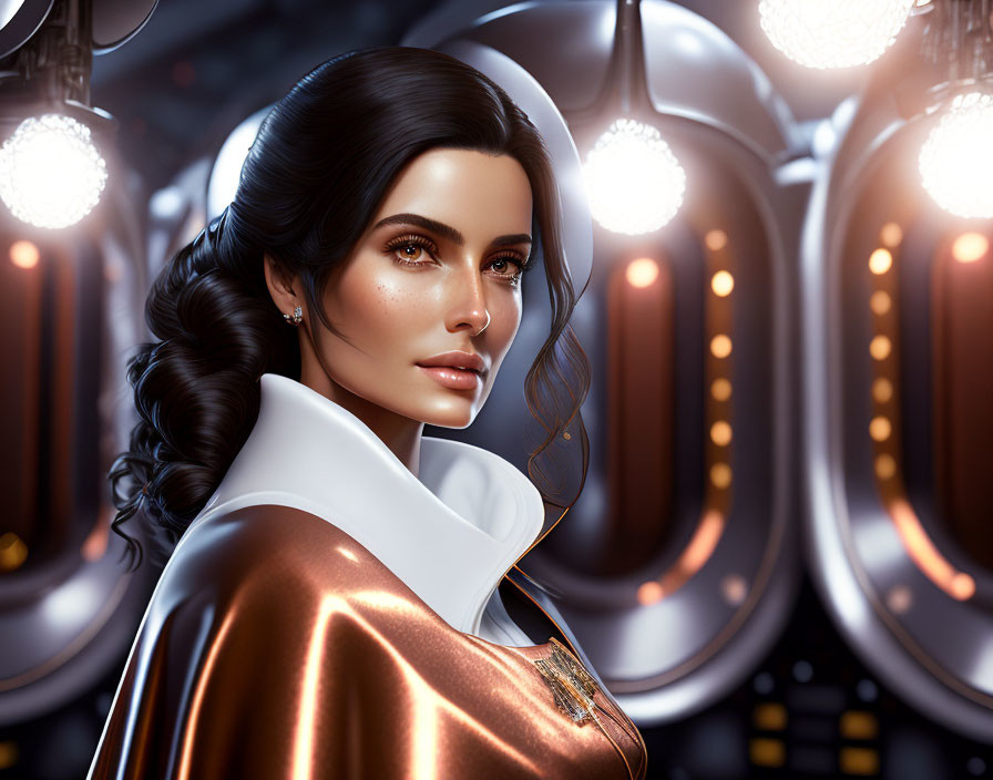 Dark-haired woman in futuristic gold and white outfit against glowing tubes