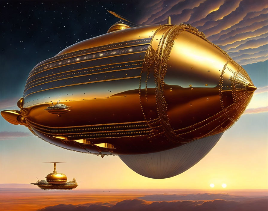 Futuristic golden airship in vivid sunset sky