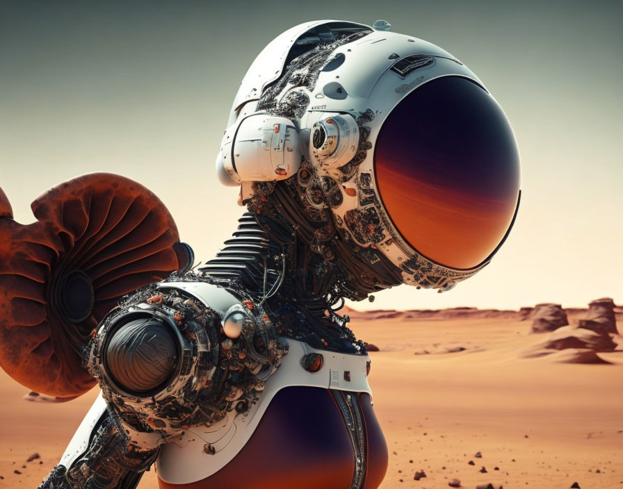 Intricately designed robot with Mars-like visor in red desert landscape