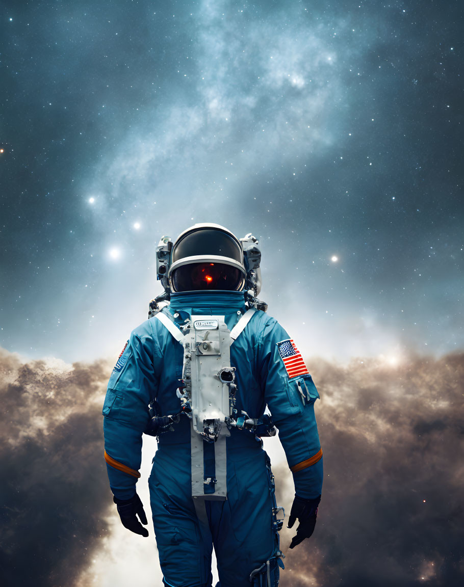 Astronaut in Blue and White Suit Against Cosmic Backdrop