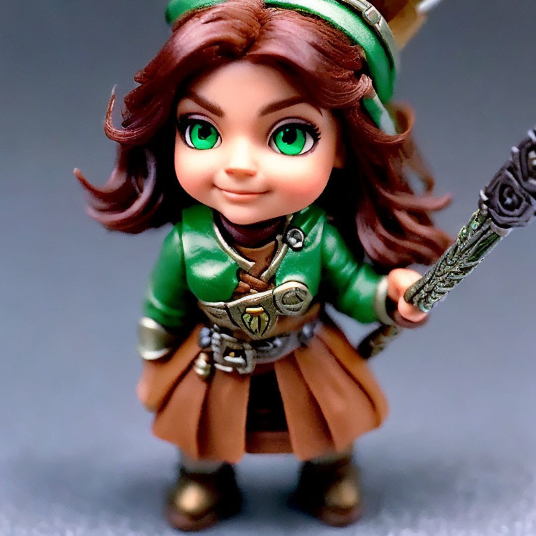 Stylized figurine with large green eyes in fantasy outfit holding staff