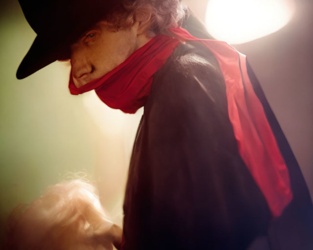 Silhouetted figure in top hat and red scarf under warm glow