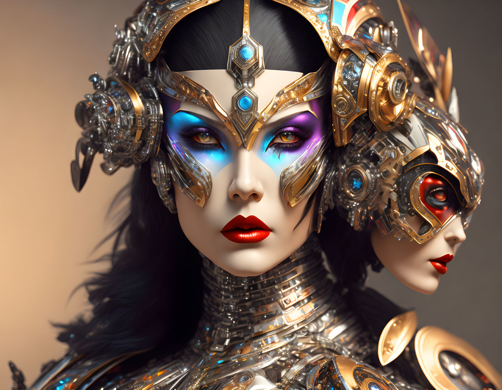 Detailed digital portrait of woman with intricate mechanical headgear, vibrant makeup, and robotic elements merging with skin