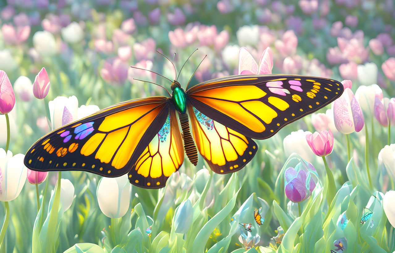 Colorful Butterfly with Intricate Wing Patterns Hovering over Field of Tulips