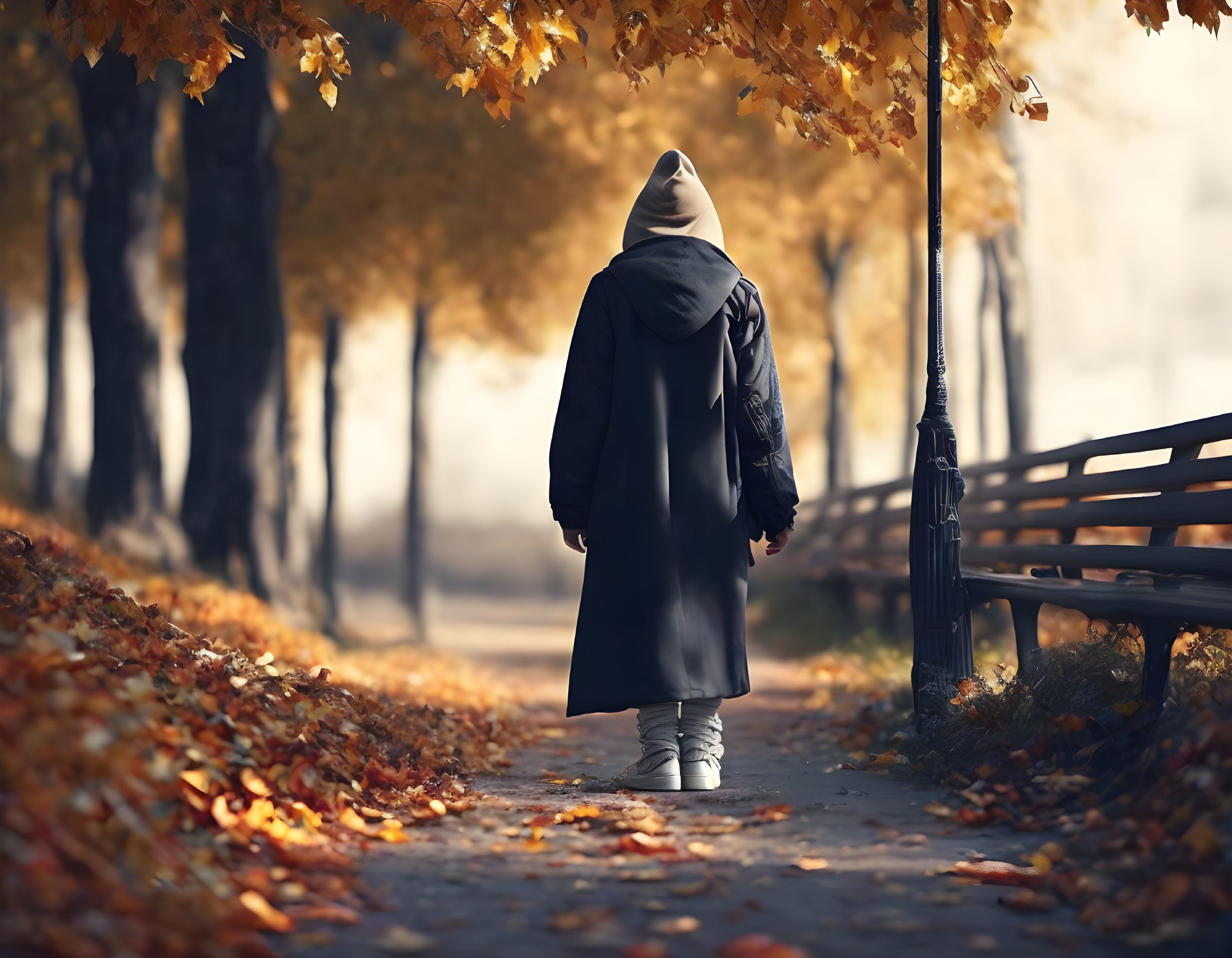 Person in Dark Coat Walking on Autumn Path with Park Bench