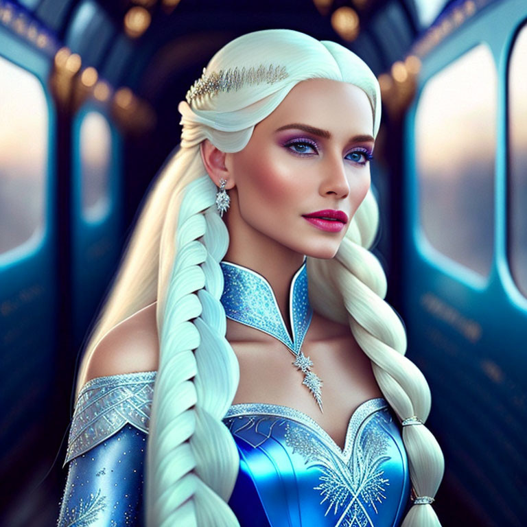 Digital artwork of woman with platinum blonde hair in blue star-patterned gown and crown in train carriage