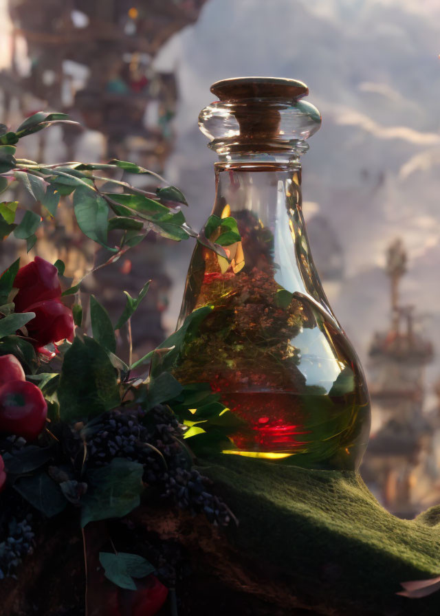 Glass potion bottle with red liquid in fantastical setting surrounded by foliage