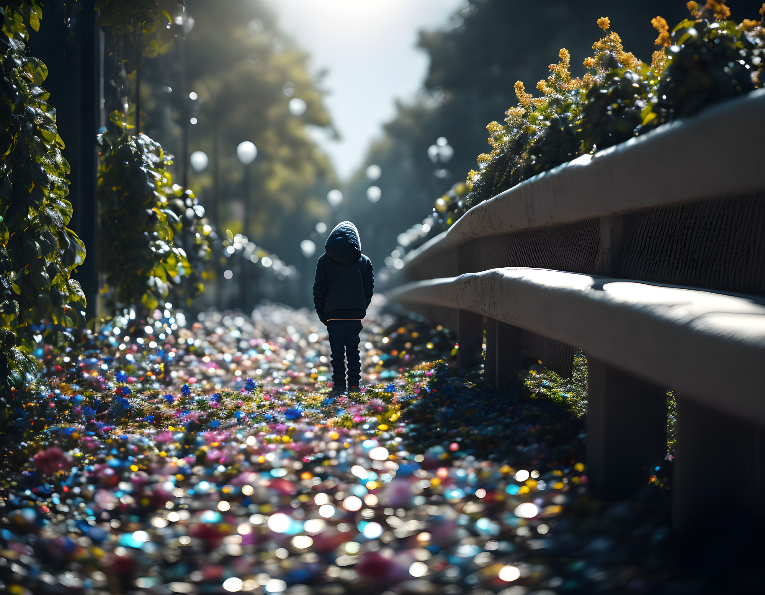 Child walking on confetti-covered path under sunlight.