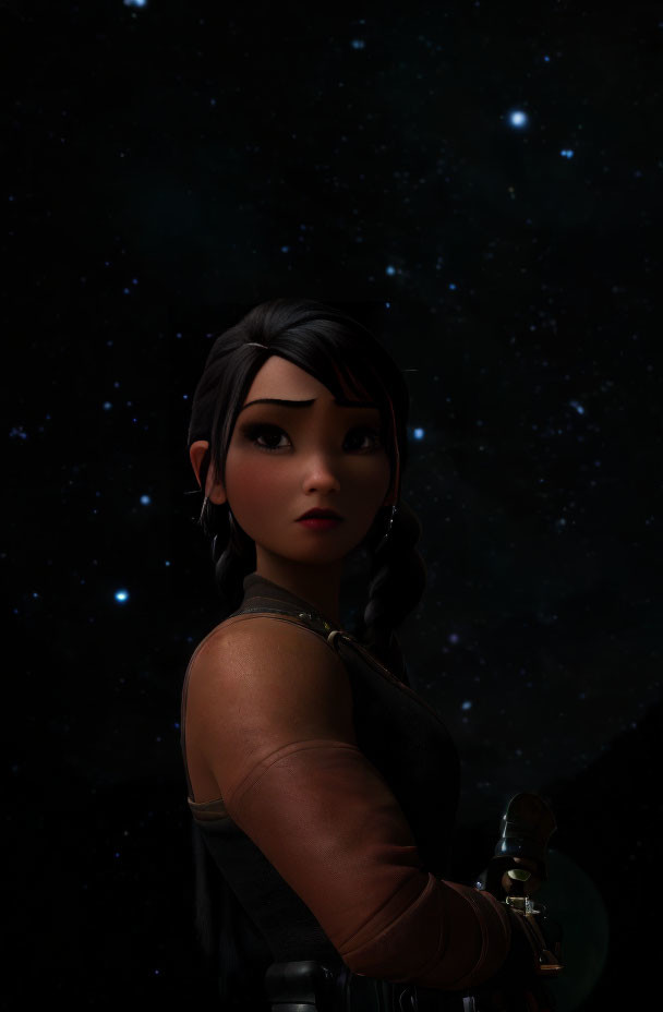 Animated female character with dark hair and braid against starry night sky.